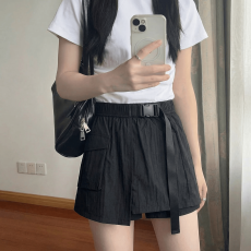 批发欧货黑色开叉工装<b class='q'>裙裤</b>女夏季<b class='q'>大码</b>胖MM松紧高腰a字短裙速干半身裙