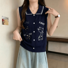 批发法式翻领卡通刺绣针织<b class='q'>背心</b>女夏季微胖MM<b class='q'>大码</b>独特洋气显瘦无袖上衣