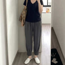 批发大码灰色冰丝休闲阔腿裤女2026夏季薄款九分裤胖MM高腰显瘦<b class='q'>哈伦</b>裤