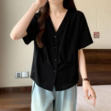 高级感气质别致V领衬衫大码女装2026夏季微胖MM显瘦收腰遮肉上衣