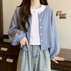 批发<b class='q'>大码</b>薄款防晒衣韩系格纹<b class='q'>长袖</b>衬衫女夏季新款圆领休闲通勤气质上衣