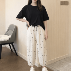 批发时尚波点阔腿裤女2026夏季大码抽绳高腰休闲直筒裤宽松<b class='q'>百搭</b>九分裤