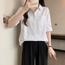 批发法式POLO领纯棉白色短袖衬衫女2026夏<b class='q'>大码</b>胖mm设计感后背开叉衬衣