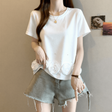 批发欧货白色花卉钉珠短袖<b class='q'>T</b><b class='q'>恤</b>女夏2026新款大码胖mm宽松遮肉绝美上衣