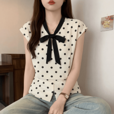 批发温柔气质波点圆领短袖<b class='q'>衬衫</b>女2026夏季大码胖MM收腰修身蝴蝶结上衣