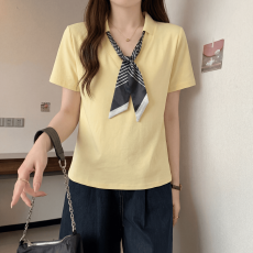 批发大码纯棉v领丝巾系带短袖t恤女夏季2026新款胖MM正肩遮肚显瘦上衣