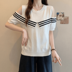 批发大码圆领<b class='q'>镂空</b>条纹短袖<b class='q'>针织衫</b>女2026夏季胖MM宽松显瘦百搭洋气上衣