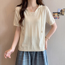批发设计感小众灰色连帽短袖<b class='q'>针织衫</b>女夏季<b class='q'>大码</b>胖MM时尚宽松休闲上衣潮