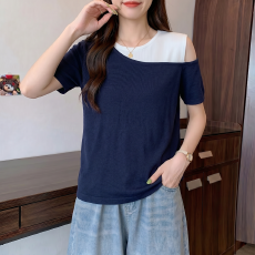 批发韩版假两件撞色拼接短袖<b class='q'>针织衫</b>女2026夏<b class='q'>大码</b>胖MM洋气减龄露肩上衣