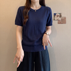 批发高级简约圆领百搭气质<b class='q'>针织衫</b>女夏季<b class='q'>大码</b>胖MM显瘦宽松遮肉短袖上衣