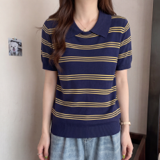 批发韩版撞色条纹短袖<b class='q'>针织衫</b>女2026夏季新款<b class='q'>大码</b>胖MM时尚洋气显瘦上衣