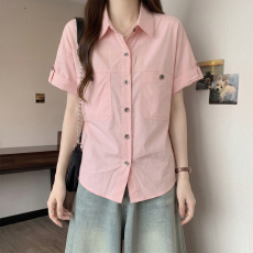 批发时尚POLO领单排扣衬衫女夏季2026洋气时髦打底衫韩版显瘦短袖上衣