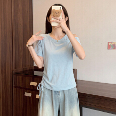 批发设计感露肩短袖T恤女2026夏季<b class='q'>大码</b>胖mm宽松显瘦收腰抽绳减龄上衣