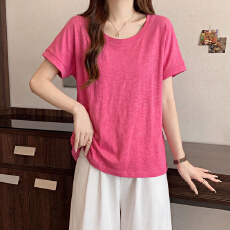 批发玫红色圆领短袖t恤女夏季2026新款<b class='q'>大码</b>胖MM百搭宽松显瘦体恤上衣