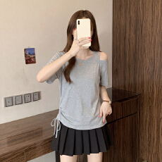 批发设计感斜领露肩短袖纯棉t恤女夏季<b class='q'>大码</b>胖MM显瘦遮肉体恤别致上衣