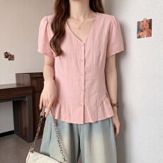 批发法式独特漂亮短袖衬衫女夏季<b class='q'>大码</b>胖MM显瘦洋气小衫设计感通勤上衣