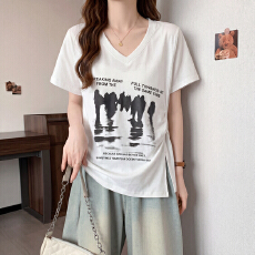 批发慵懒风白色V领绑带印花短袖t恤女夏季<b class='q'>大码</b>胖MM独特漂亮的掐腰上衣