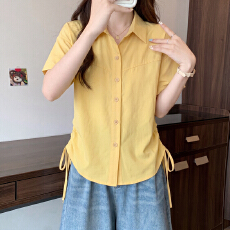 批发黄色减龄翻领侧抽绳短袖衬衫女2026年夏季<b class='q'>大码</b>胖MM显瘦超漂亮小衫
