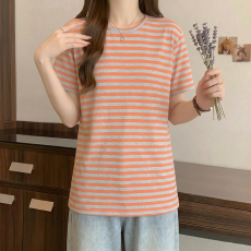 批发慵懒风宽松条纹纯棉短袖T恤女夏季2026新款<b class='q'>大码</b>胖MM超火减龄上衣
