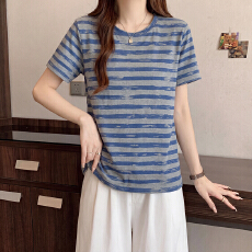 批发欧货条纹印花纯棉短袖T恤女2026夏季<b class='q'>大码</b>胖MM显瘦宽松休闲上衣潮