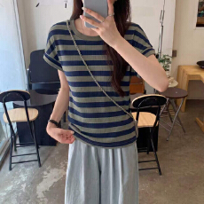 批发大码纯棉条纹小飞袖短袖T恤女2026夏季<b class='q'>胖</b><b class='q'>MM</b>宽松遮肉显瘦减龄上衣