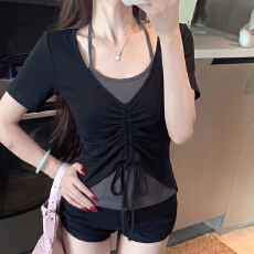 批发大码辣妹假两件抽绳纯棉短袖T恤女夏季<b class='q'>胖</b><b class='q'>mm</b>气质修身显瘦挂脖上衣
