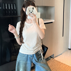 批发欧货<b class='q'>白色</b>正肩短袖<b class='q'>T</b>恤女夏季大码胖MM设计感小众显瘦抽绳圆领上衣