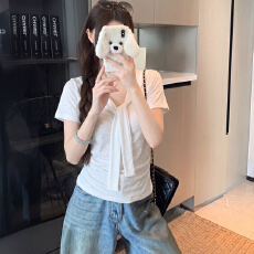 批发绝美飘带V领短袖<b class='q'>t</b>恤女2026夏季大码胖MM独特显瘦气质百搭减龄上衣