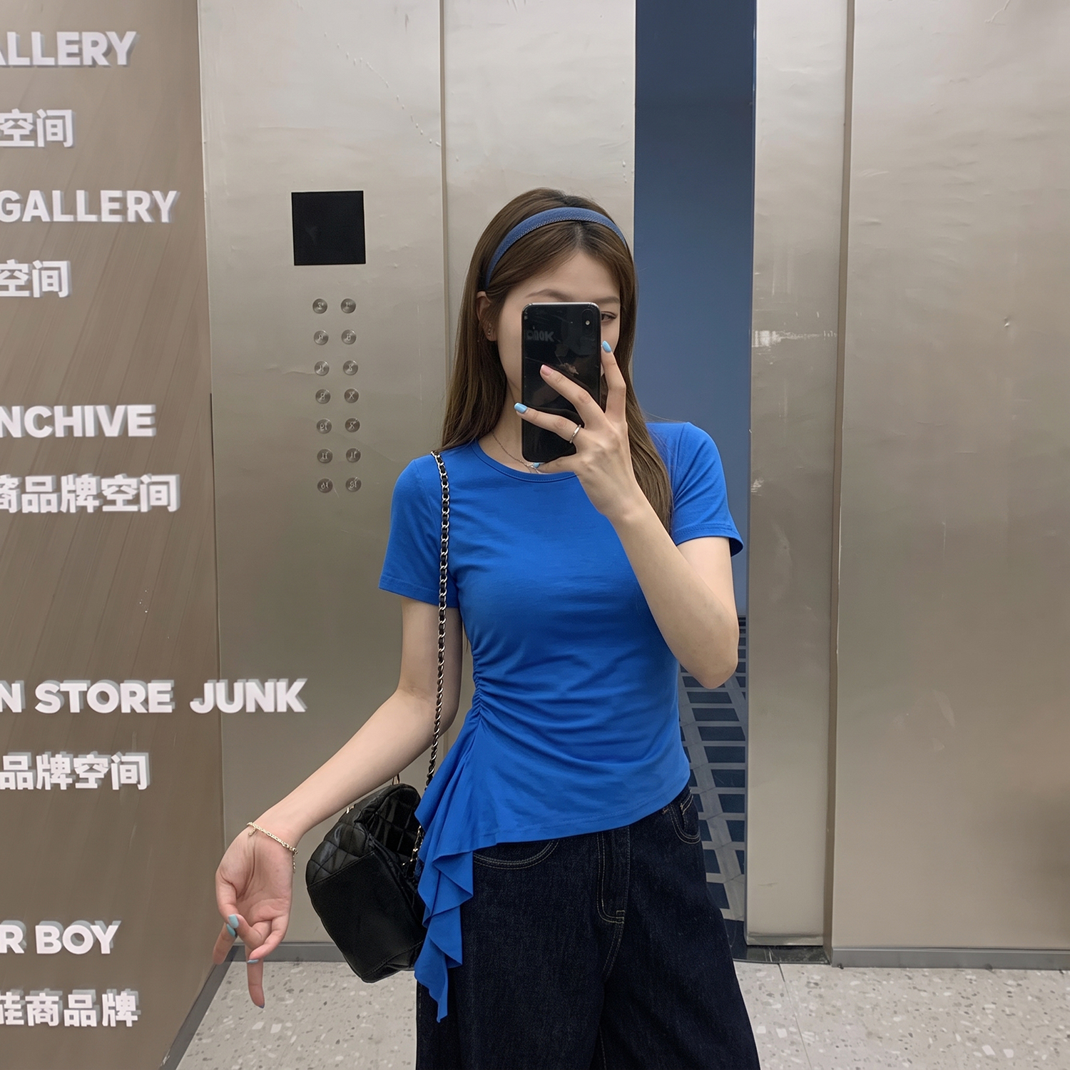 韩版蓝色抽褶收腰短袖T恤女夏季大码胖MM独特漂亮减龄款上衣 服裝批發女裝批發服飾貨源