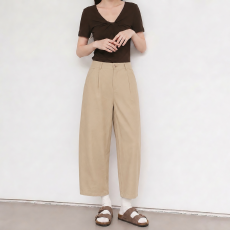 批发卡其色九分直筒裤女夏季<b class='q'>大码</b>胖MM松紧腰高级感通勤气质休闲哈伦裤