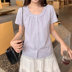 批发今年流行的绝美紫色短袖衬衫女夏季大码胖MM减龄小衫巨好看的上衣