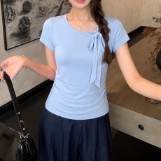 批发设计感蝴蝶结系带纯棉短袖T恤女夏大码胖mm显瘦掐腰小衫绝美上衣