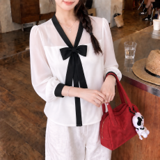 批发韩版拼接蝴蝶结雪纺衬衫女秋2026薄款<b class='q'>大码</b>胖MM显瘦独特巨好看上衣