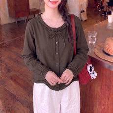 批发韩版木耳边系带长袖<b class='q'>衬衫</b>女2026秋季大码胖mm洋气<b class='q'>百搭</b>别致花边上衣