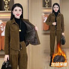批发2025秋冬加绒加厚灯芯绒套装女时尚洋气减龄宽松休闲<b class='q'>哈伦</b>裤两件套