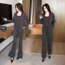 批发2025春秋新款运动休闲时尚优雅洋气遮肉显瘦开衫吊带阔腿裤三件套