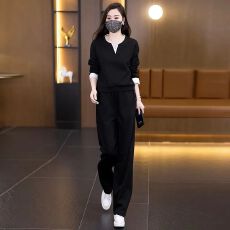 批发曼巴棉时尚休闲套装2025春秋季新款洋气减龄气质上衣直筒裤两件套