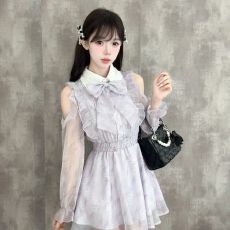 批发秋季甜美少女千金温柔风收腰露肩长袖紫色<b class='q'>印花</b><b class='q'>连衣裙</b>日系