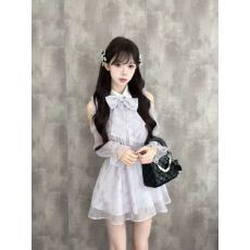 批发甜美少女千金温柔风收腰露肩长袖紫色<b class='q'>印花</b><b class='q'>连衣裙</b>日系