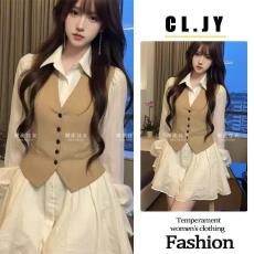 批发（高质量）秋季法式时尚感漂亮别致气质千金感白色假两件连衣<b class='q'>短裙</b>