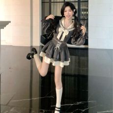 批发高质量）秋冬年春季新款学院风蝴蝶结海军领上衣高腰半裙套装