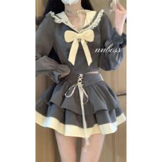 批发（高质量）秋冬年春季新款学院风蝴蝶结海军领上衣高腰半裙套装