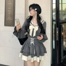 批发（高质量）秋冬年春季新款学院风蝴蝶结海军领上衣高腰半裙套装
