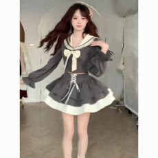 批发（高质量）秋冬年春季新款学院风蝴蝶结海军领上衣高腰半裙套装