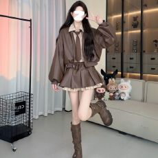 批发秋季设计假两件皮衣<b class='q'>衬衫</b>夹克外套领带显瘦百褶半身裙秋冬套<b class='q'>装</b>