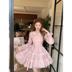 批发千层梦境 甜美奶乖<b class='q'>娃娃领</b>粉色公主蓬蓬裙长袖<b class='q'>连衣裙</b>早秋