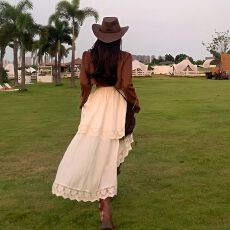 批发高质量)纯欲风仙女秋季蕾丝拼接裙子<b class='q'>不规则</b>收腰气质中长裙