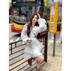 批发纯棉超仙收腰显瘦长袖<b class='q'>连衣裙</b>女春秋季蓬蓬蛋糕裙气质甜美小白裙子