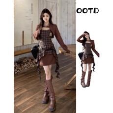 批发短款小外套不规则吊带裙<b class='q'>套装</b>女秋冬季美拉德复古穿搭甜辣风两件套