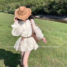 收腰灯笼新款克莱蒙春夏甜美连衣裙长袖氛围法式气质短裙